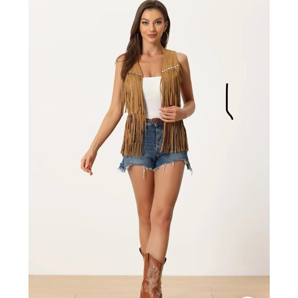 Allegra K Hippie Cowgirl Rodeo Fringe Vest Medium Costume Brown Studded - Picture 1 of 6